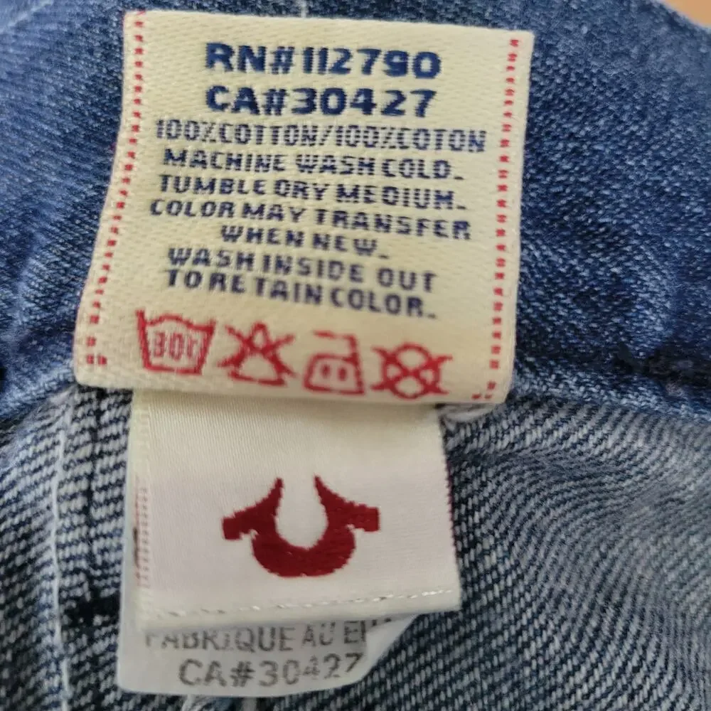 True Religion Mens Denim Shorts Sz 34 Blue‎ Jean Medium Wash Whiskers